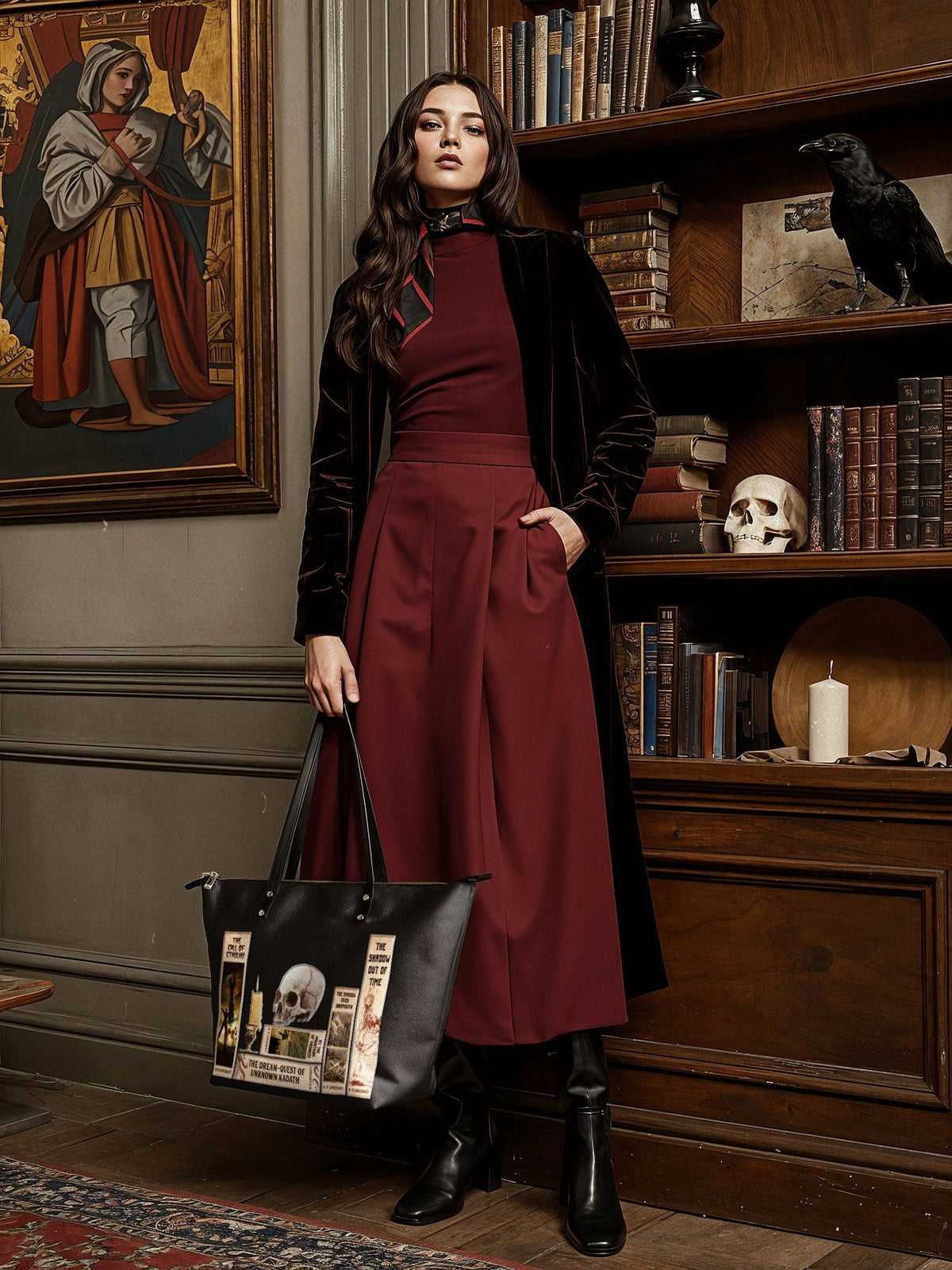 "Lovecraftian" Black Leather Tote Bag - FALL CLEARANCE DEAL
