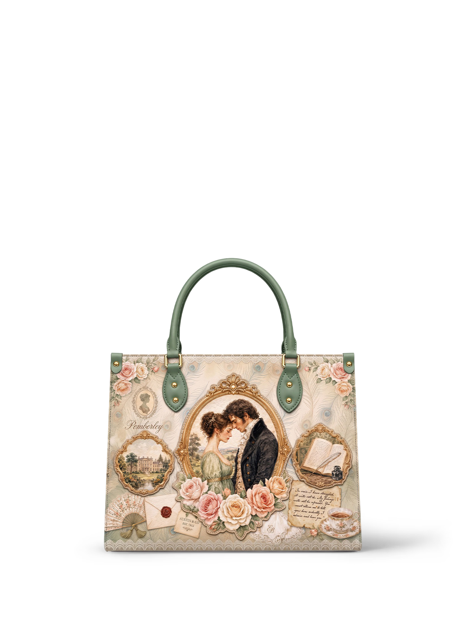 “Austen's Quill” Applique Leather Handbag
