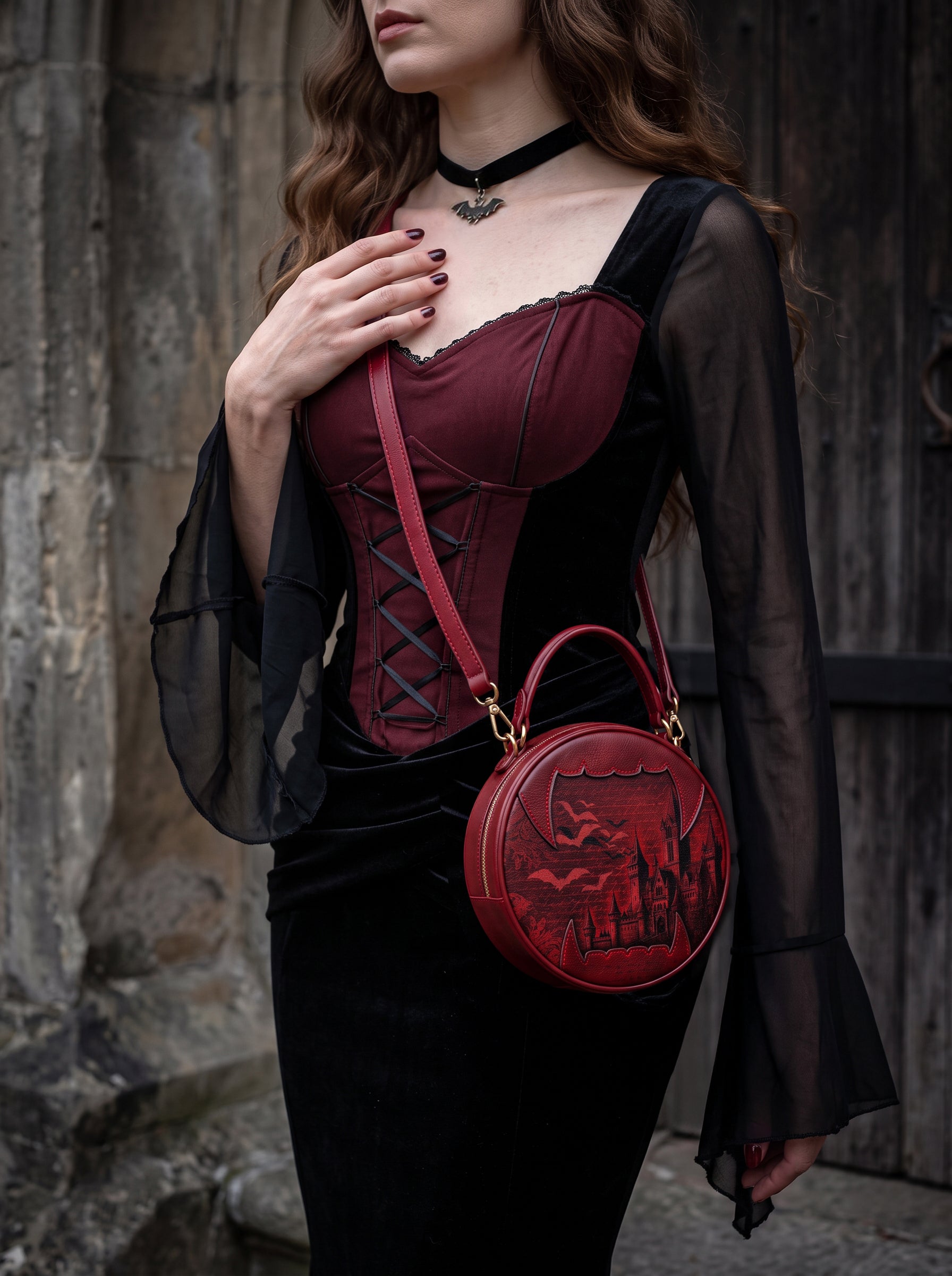 “Castle Dracula” Applique Circle Crossbody Bag