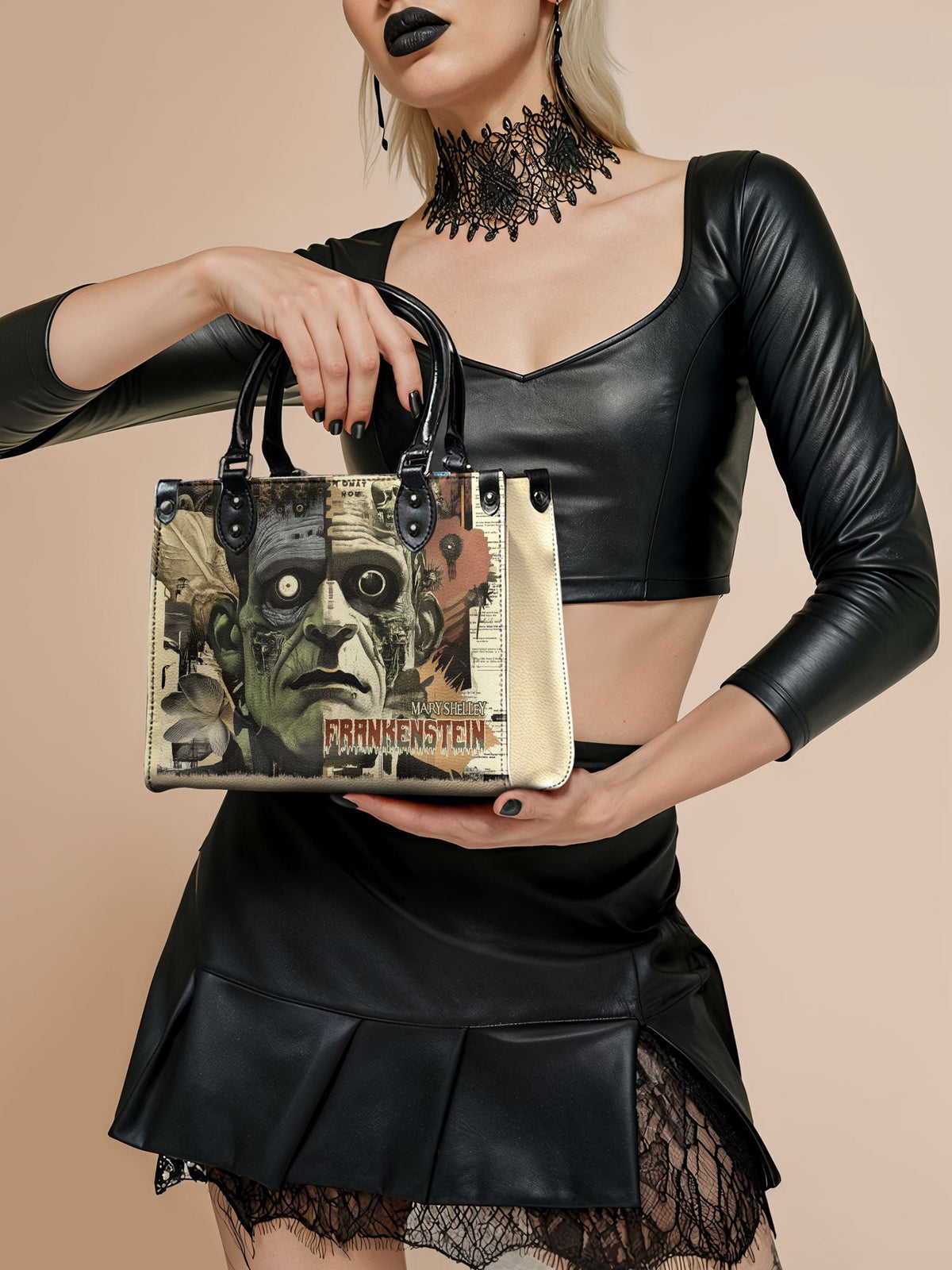 "Frankenstein" Old Parchment - Black Interior - Small Leather Handbag - FALL CLEARANCE DEAL