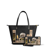 "Lovecraftian" Black Leather Tote Bag Matching Set - CLEAROUT