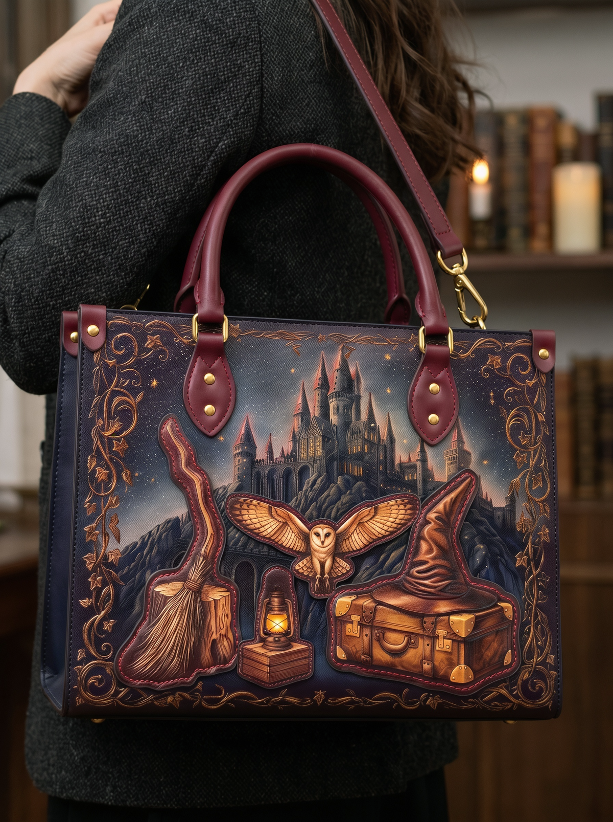 “Owl Post” Applique Leather Handbag