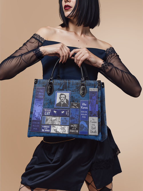 "Poe's Library" Midnight Ink - Blue Interior - Leather Handbag