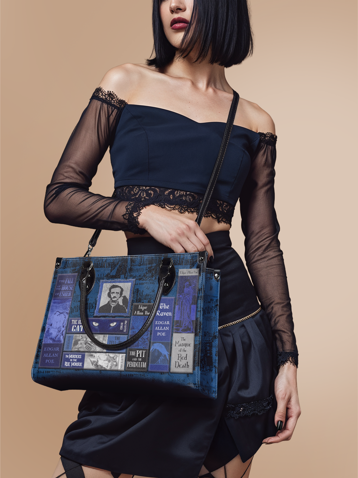 "Poe's Library" Midnight Ink - Blue Interior - Leather Handbag