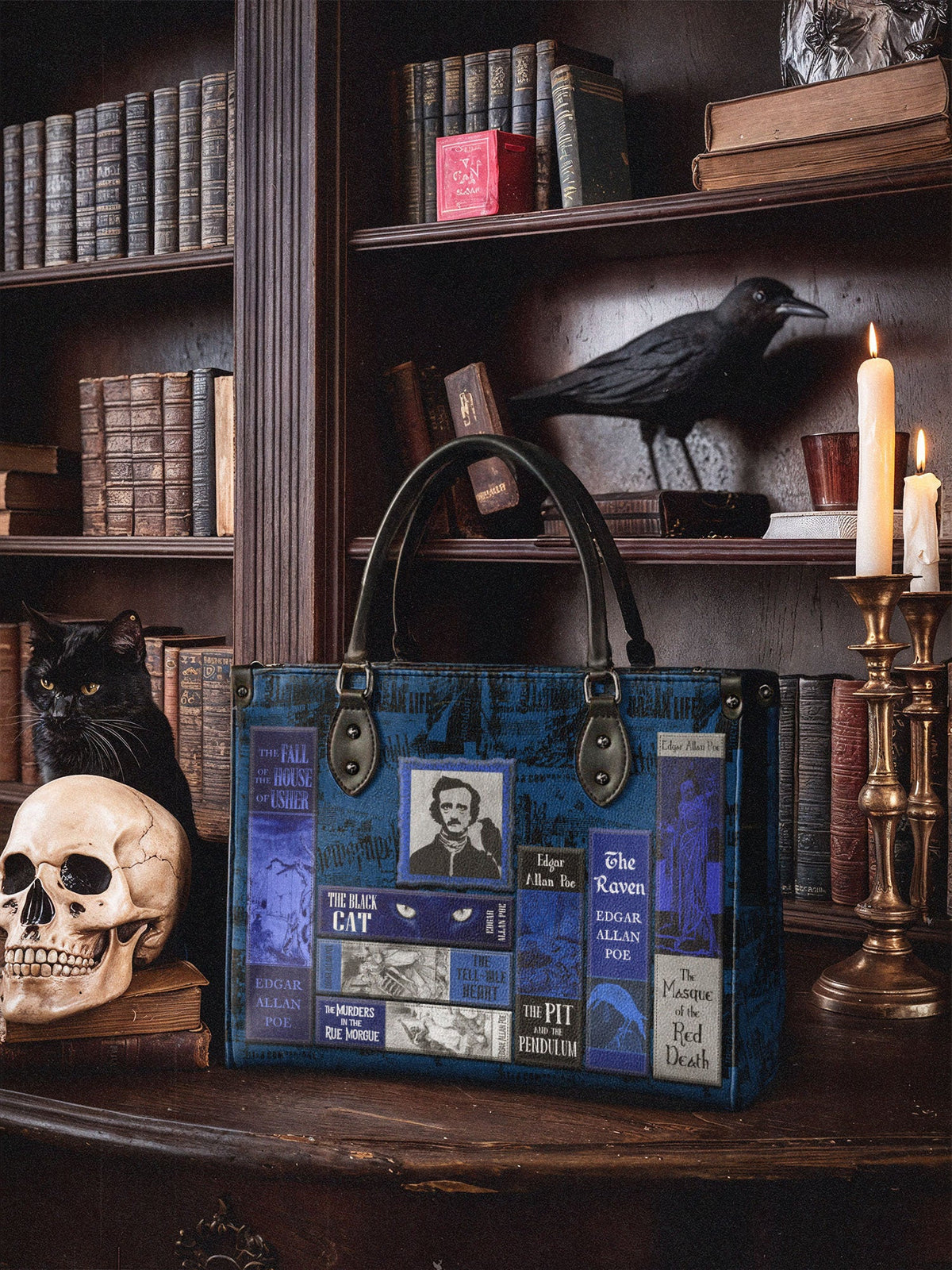 "Poe's Library" Midnight Ink - Blue Interior - Leather Handbag
