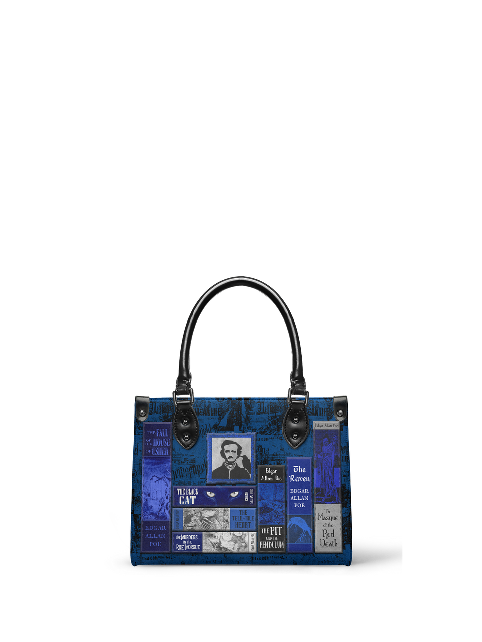 "Poe's Library" Midnight Ink - Black Interior - Small Leather Handbag