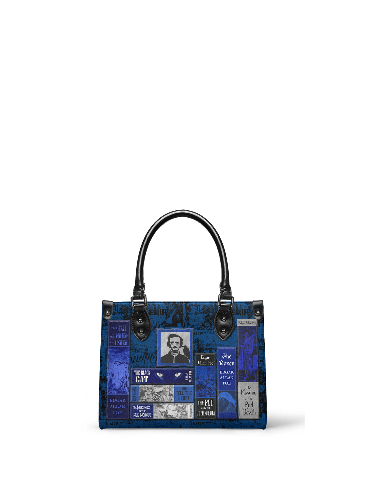 "Poe's Library" Midnight Ink - Black Interior - Small Leather Handbag - FALL CLEARANCE DEAL