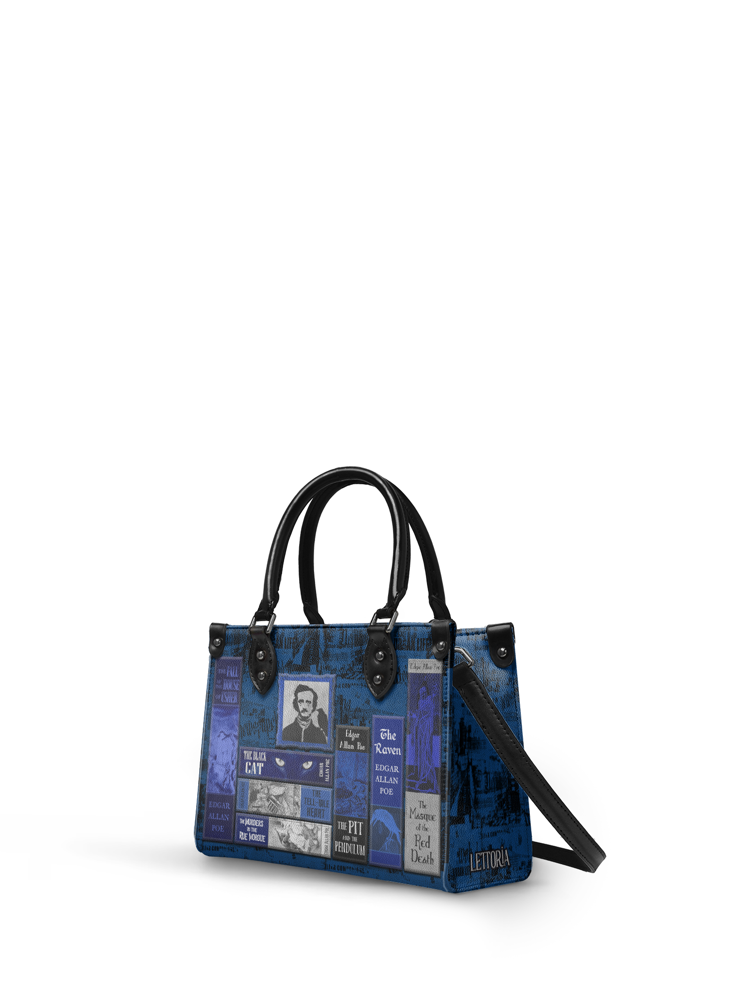 "Poe's Library" Midnight Ink - Black Interior - Small Leather Handbag