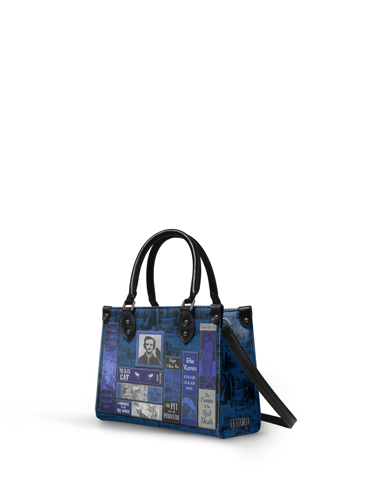 "Poe's Library" Midnight Ink - Black Interior - Small Leather Handbag - FALL CLEARANCE DEAL