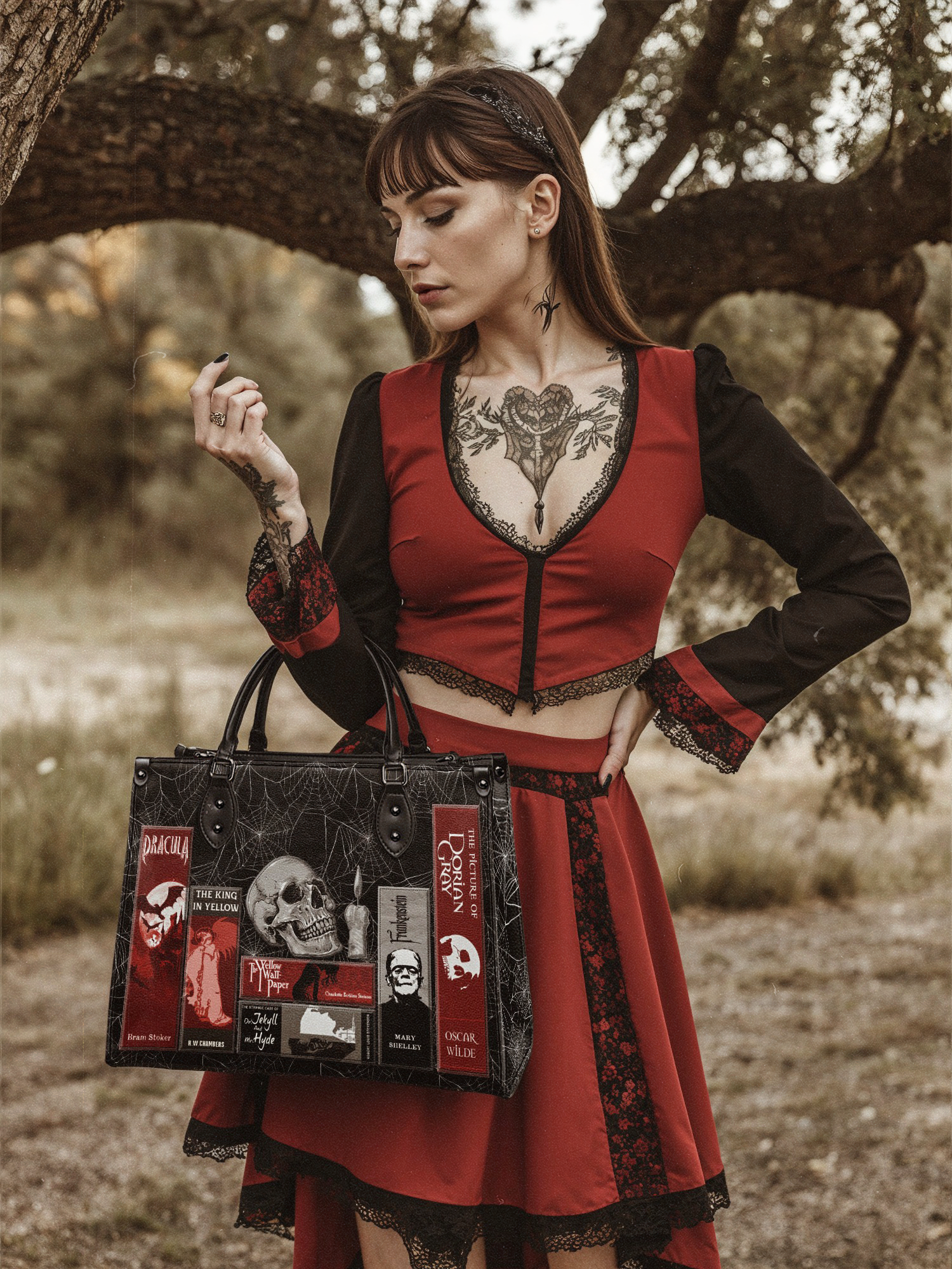 "The Codex of Gothic Tales" Black Widow’s Kiss - Red Interior - Leather Handbag