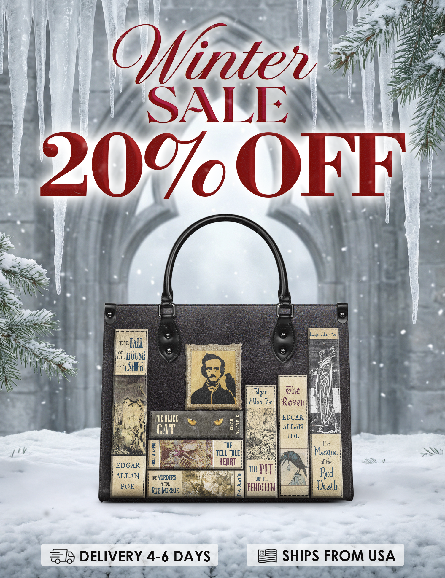 "Poe's Library" Ashen Black Leather Handbag Deal