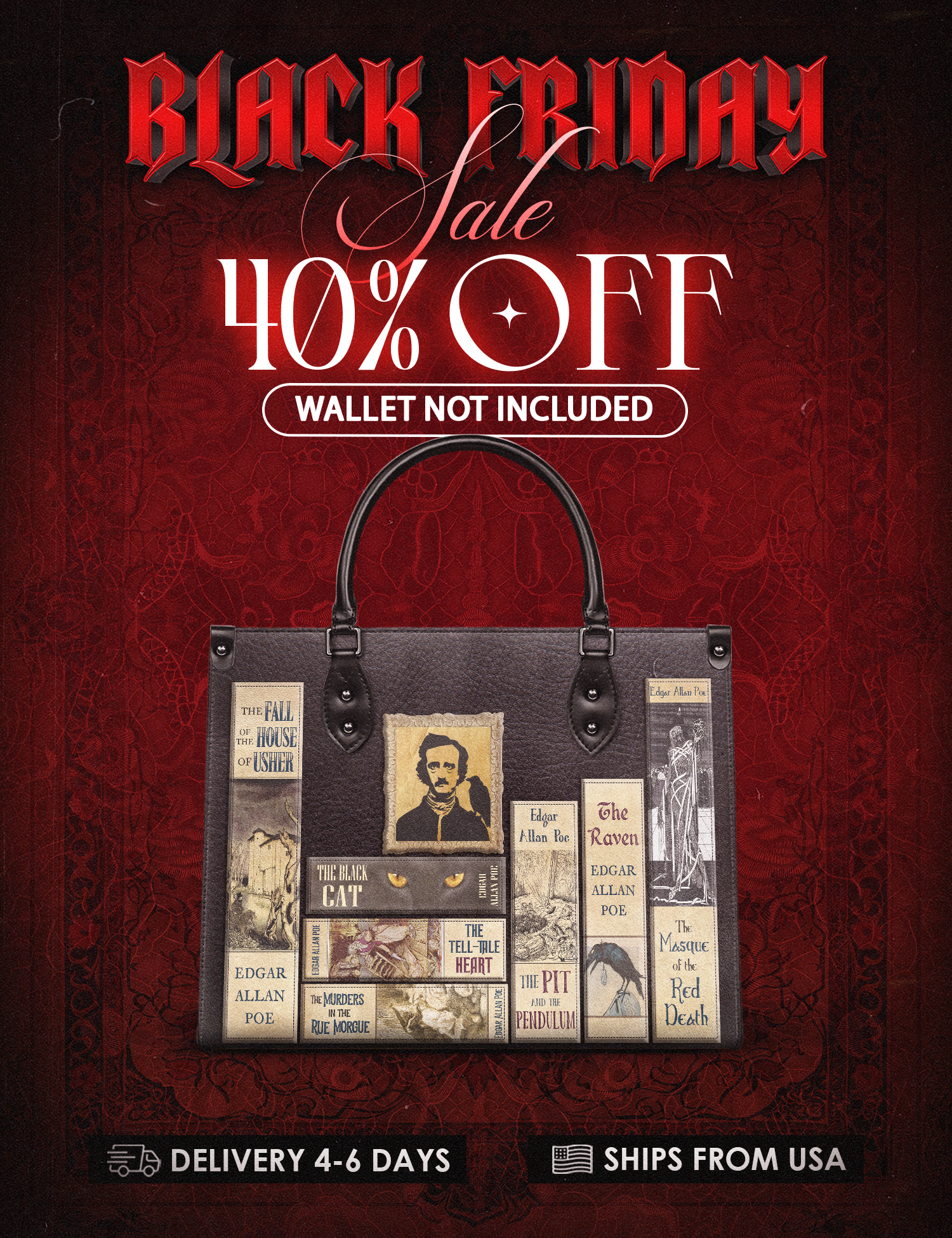 "Poe's Library" Ashen Black Leather Handbag Deal