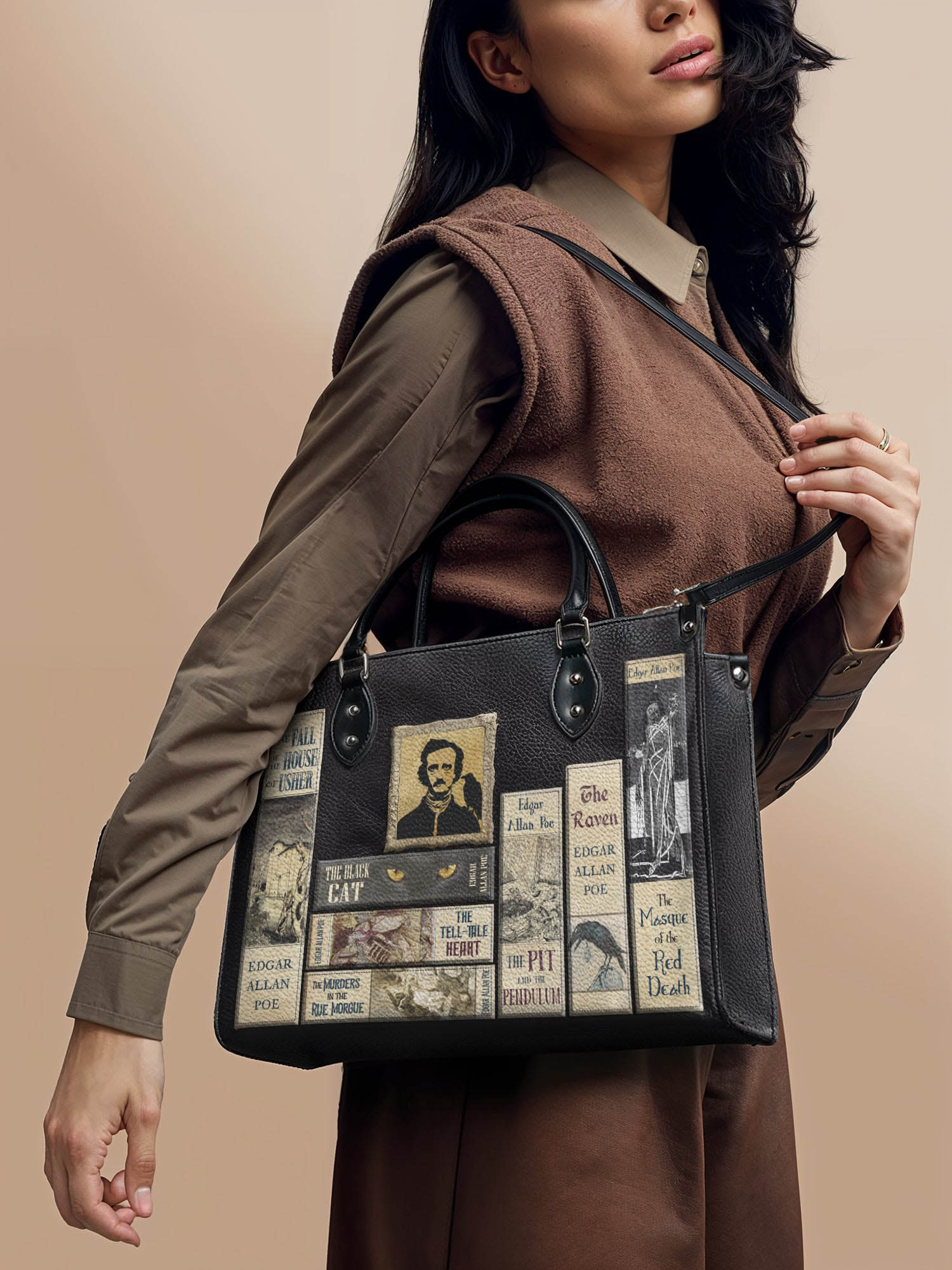 "Poe's Library" Ashen Black - Brown Interior - Leather Handbag