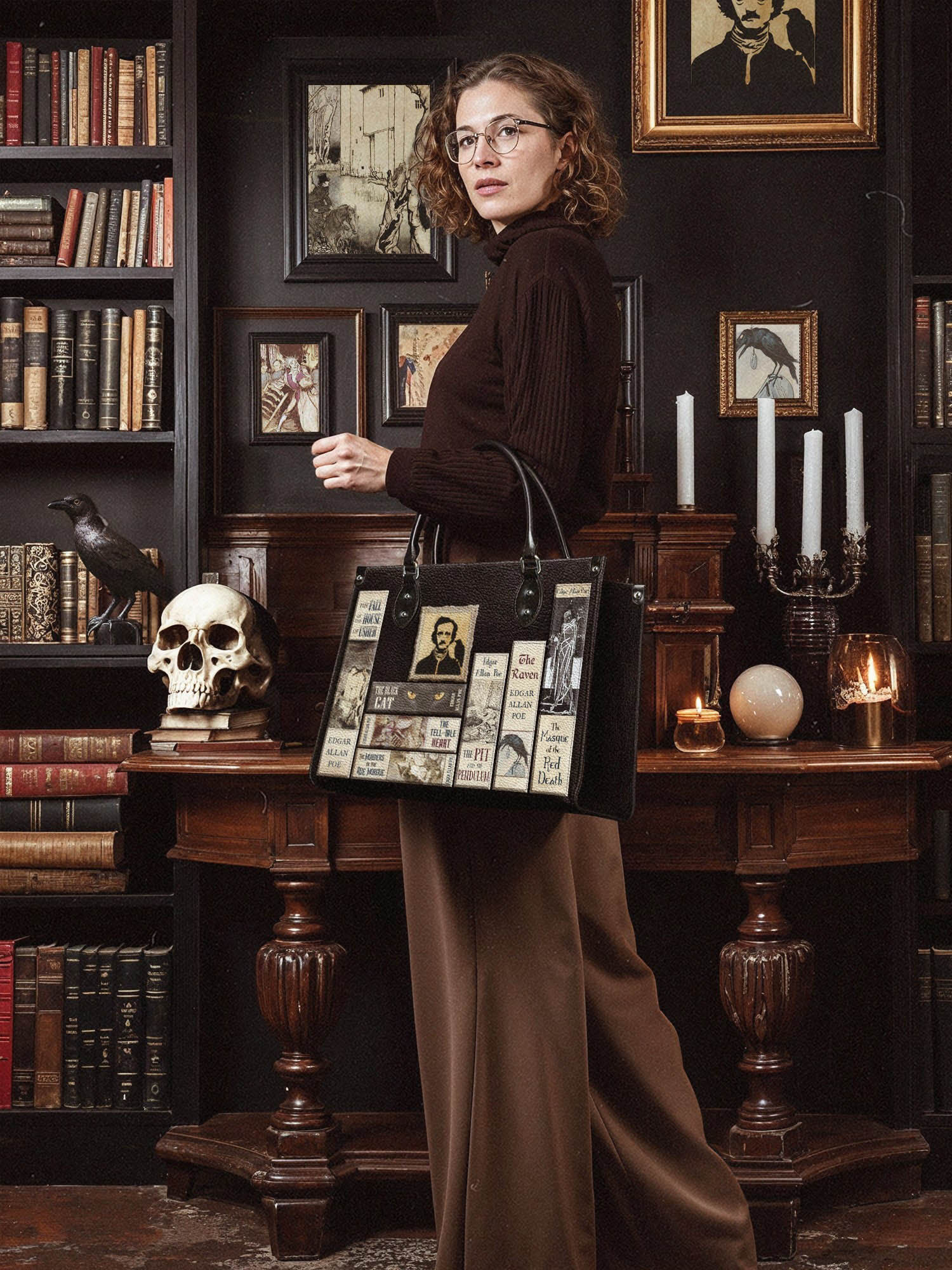 "Poe's Library" Ashen Black - Brown Interior - Leather Handbag