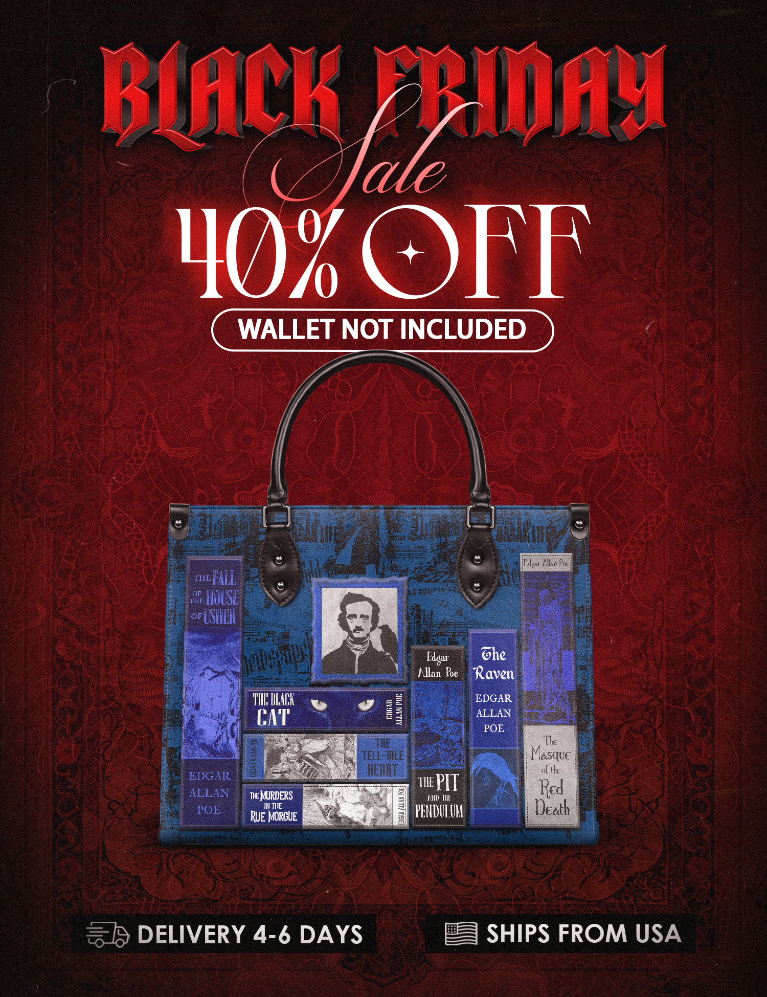 "Poe's Library" Midnight Ink Leather Handbag Deal