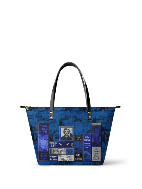 "Poe's Library" Midnight Ink Leather Tote Bag