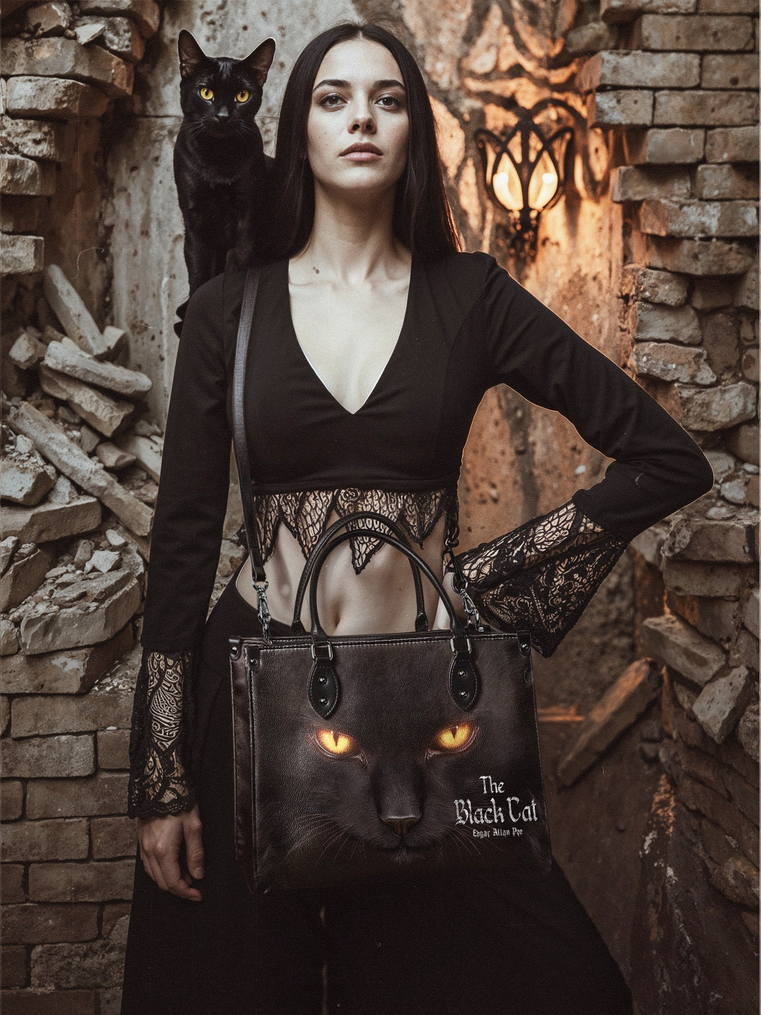 "The Black Cat" - Red Interior - Leather Handbag