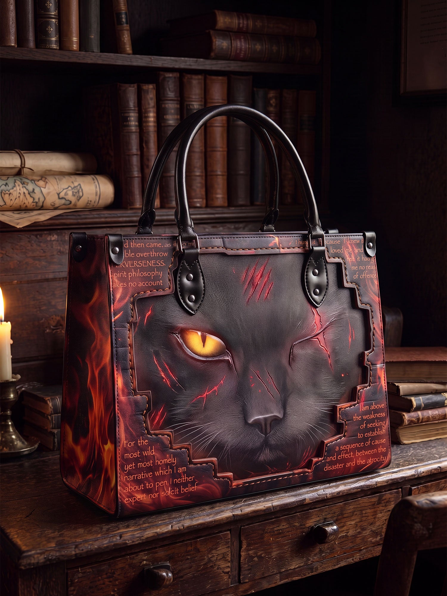 "The Black Cat" Hellfire Red Applique Leather Handbag Pre-order