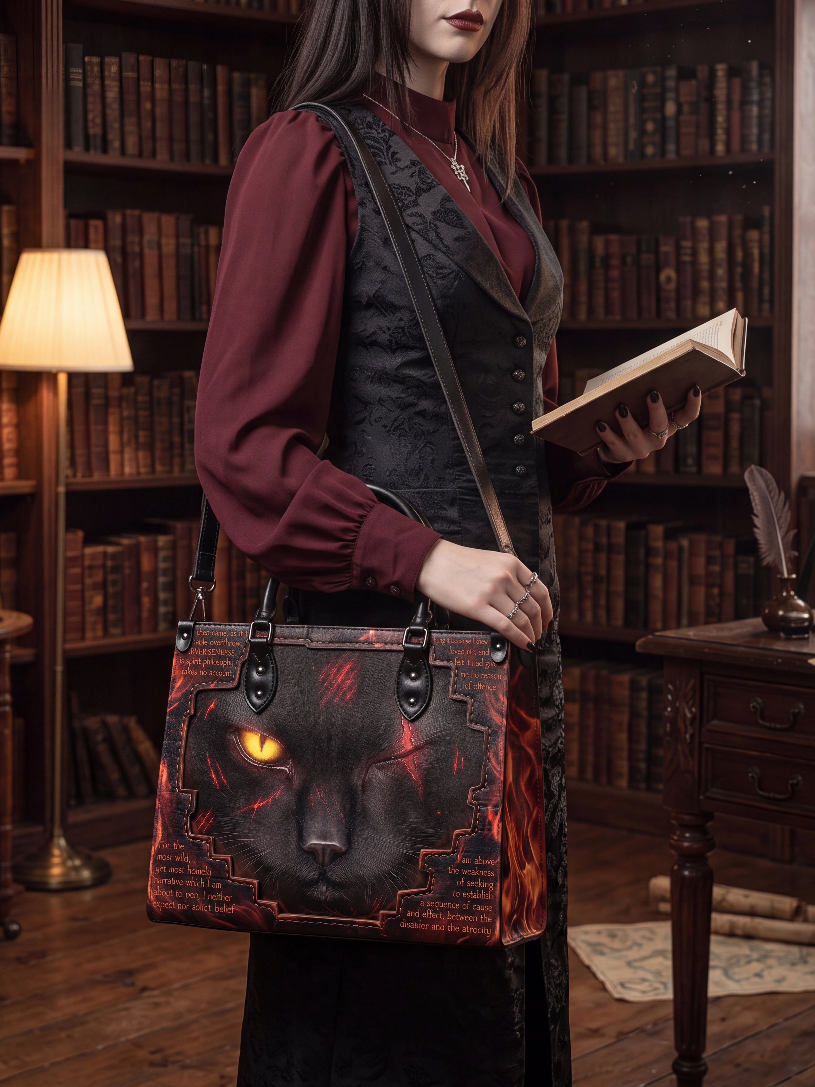 "The Black Cat" Hellfire Red Applique Leather Handbag Pre-order