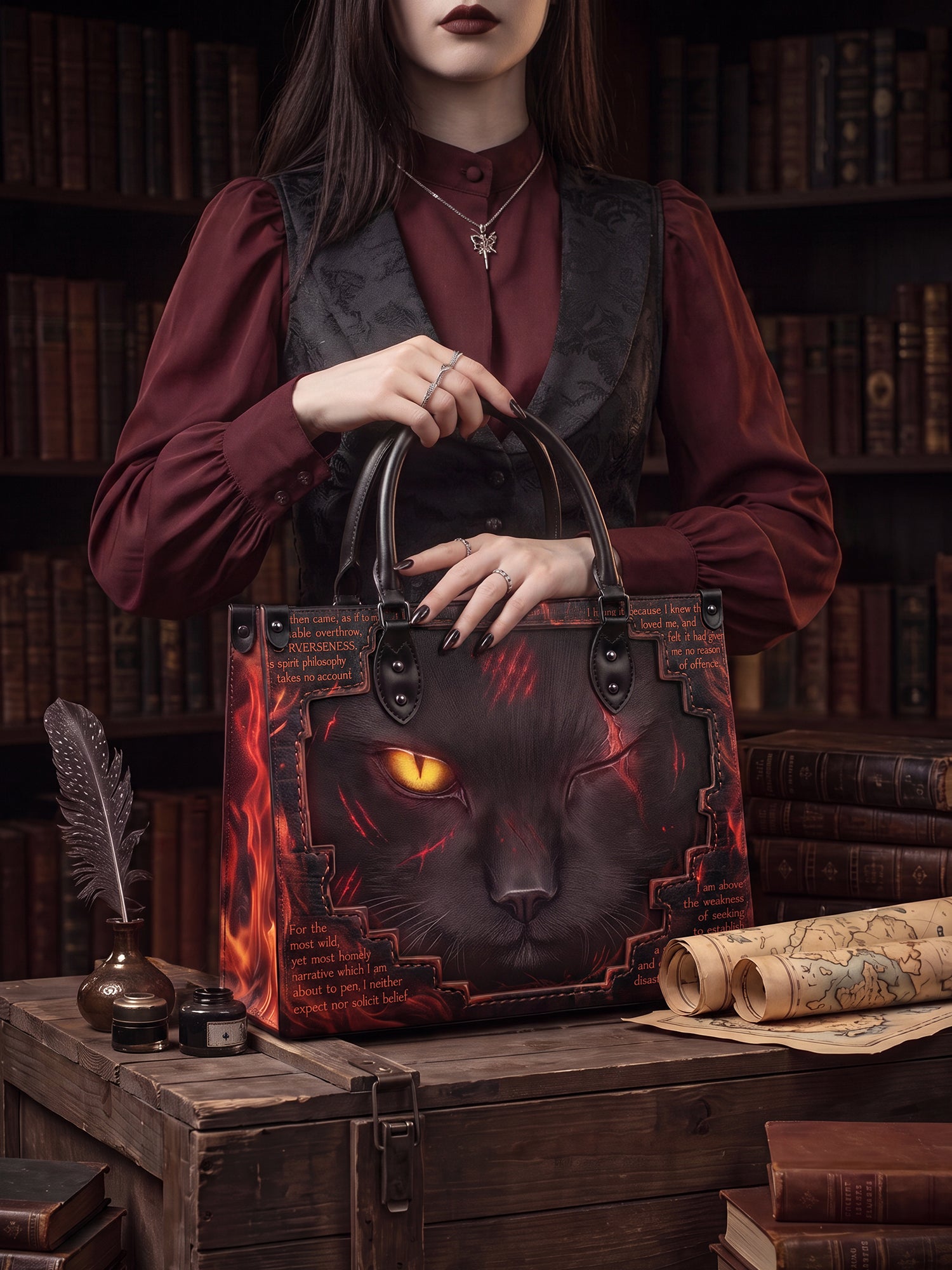 "The Black Cat" Hellfire Red Applique Leather Handbag Pre-order