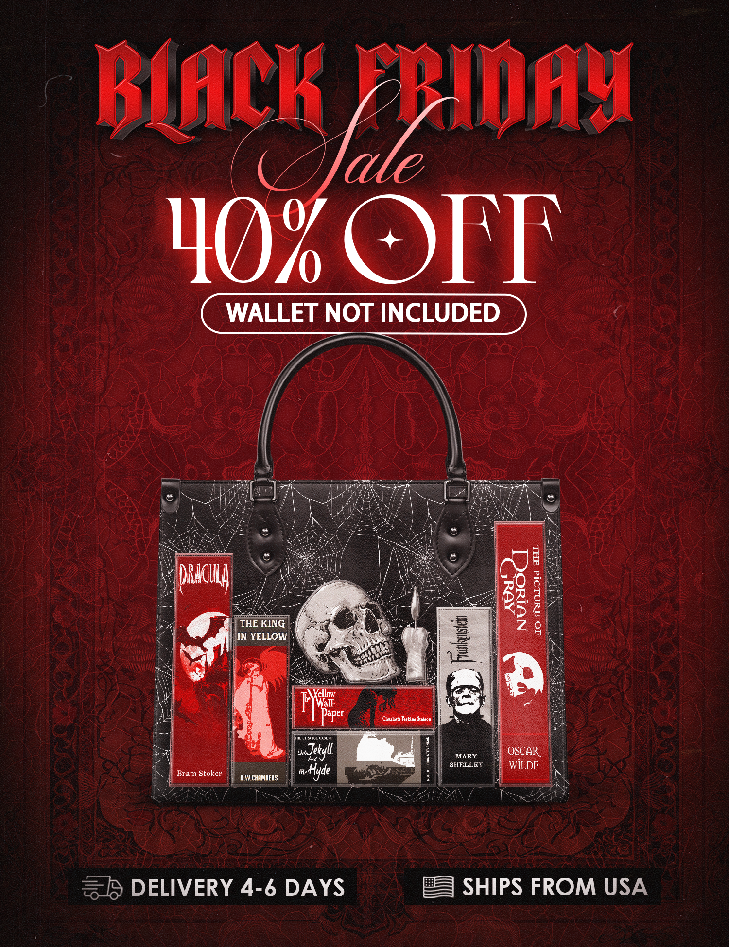 "The Codex of Gothic Tales" Black Widow’s Kiss Leather Handbag Deal