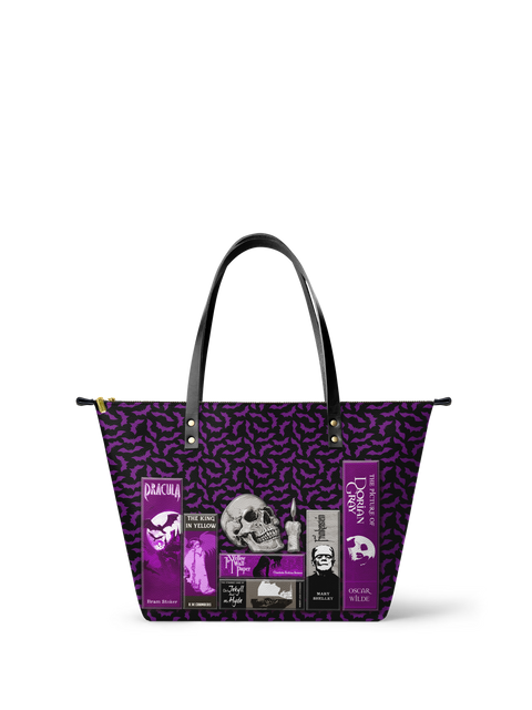 "The Codex of Gothic Tales" Violet Echo Leather Tote Bag