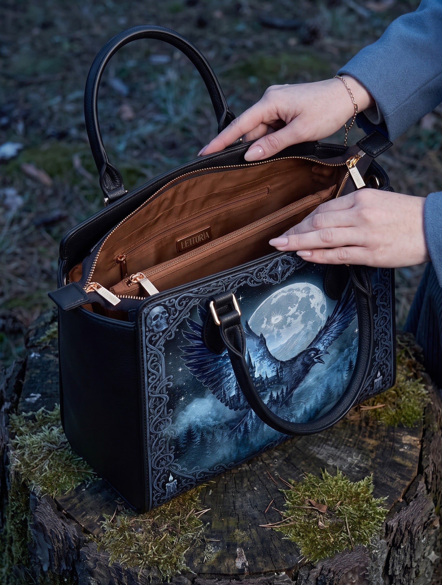 “The Wise Raven” Vesper Leather Handbag