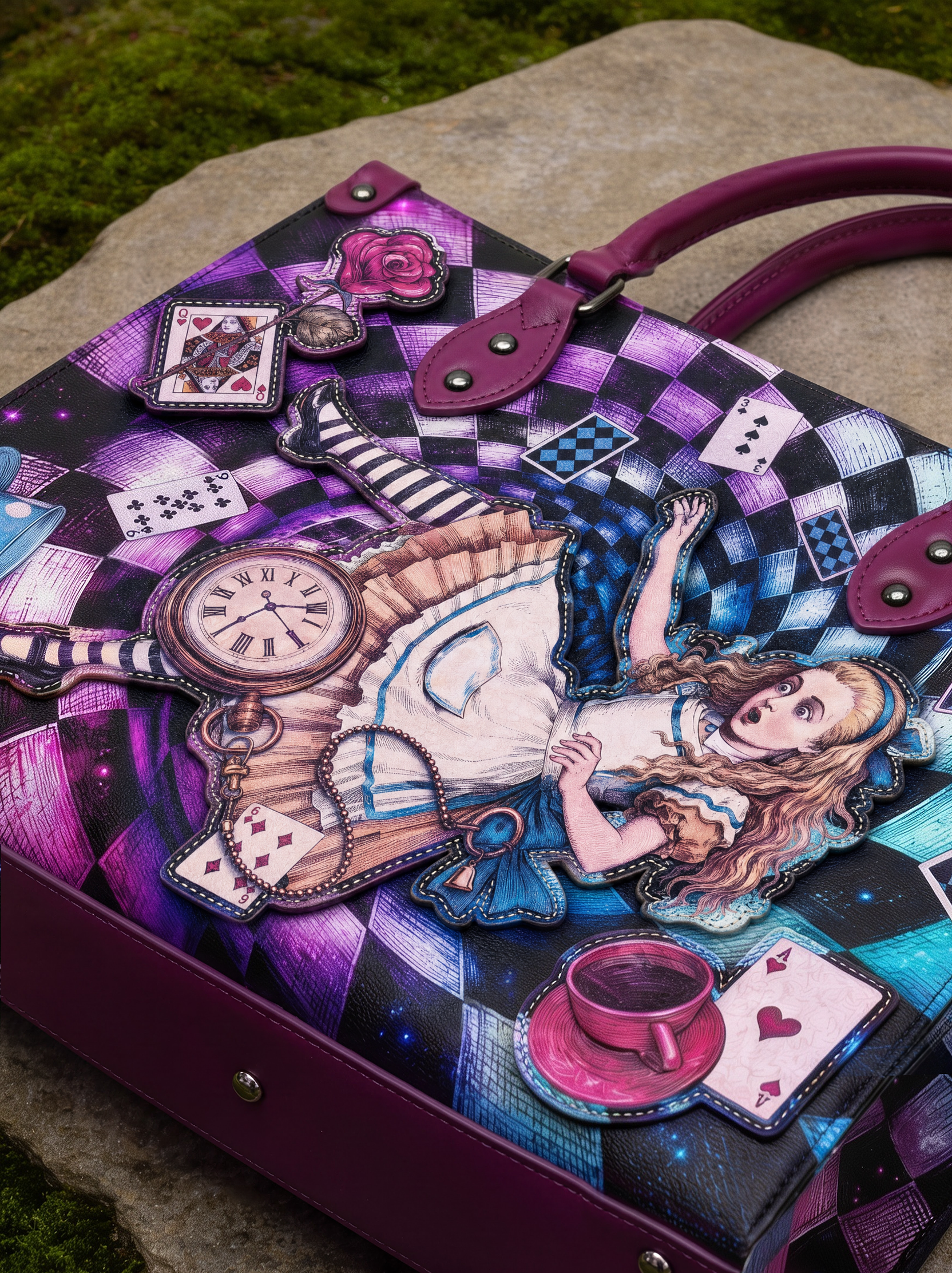 “Through The Looking-Glass” Applique Leather Handbag