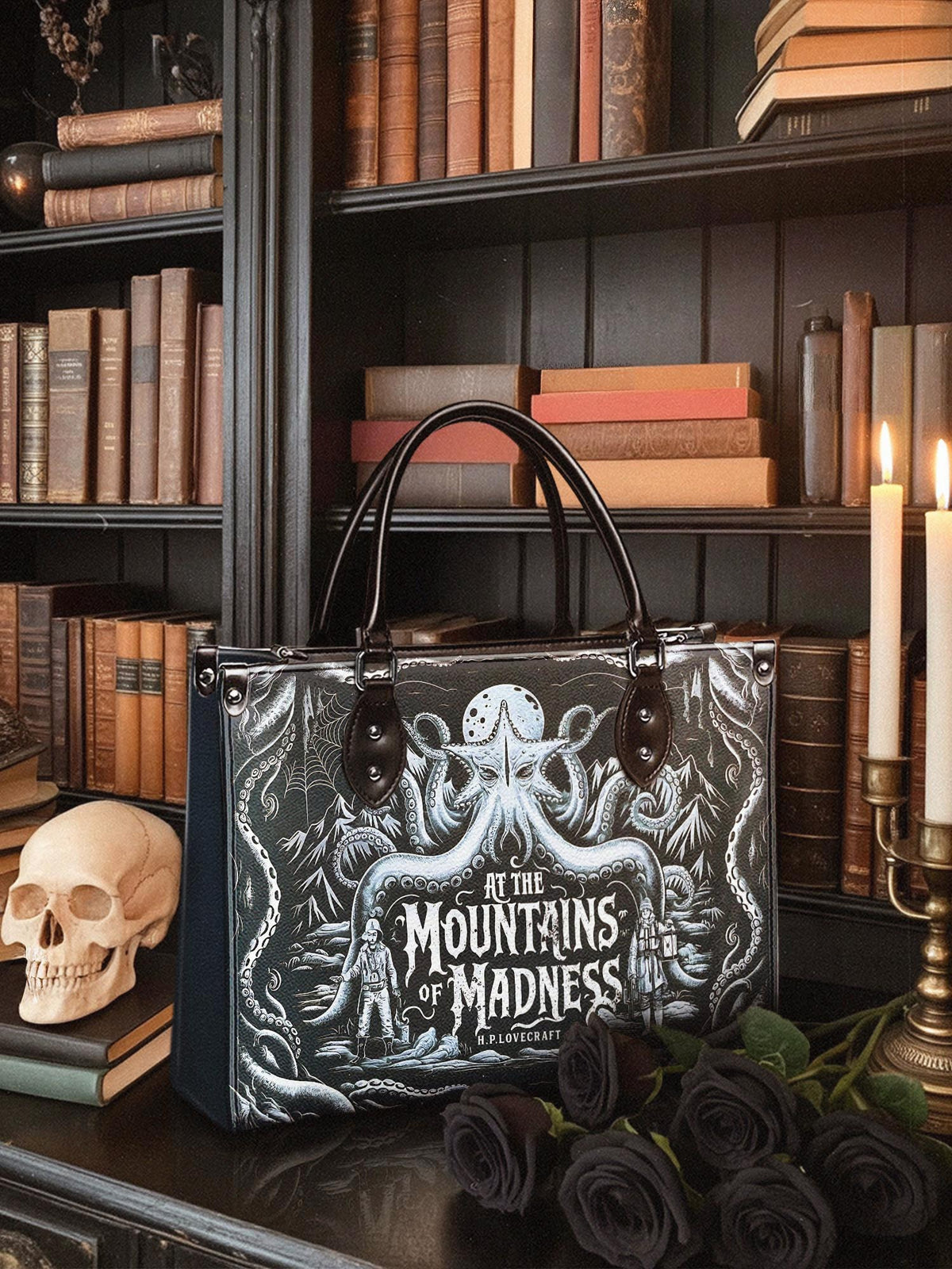 "At The Mountains Of Madness" - Black Interior - Leather Handbag Matching Set - NEVERMORE DEAL