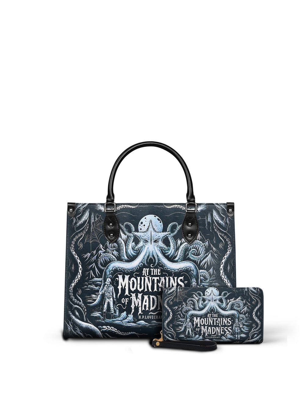 "At The Mountains Of Madness" - Black Interior - Leather Handbag Matching Set - NEVERMORE DEAL