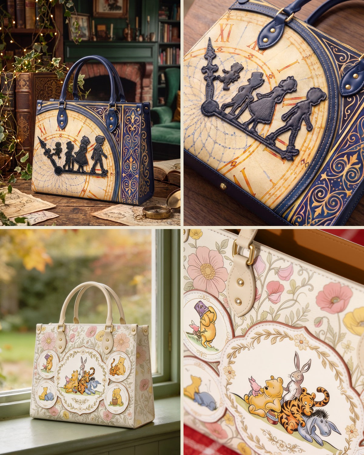 Two appliqué handbags, Going To Neverland and Silly Old Bear, each shown whole and in a close-up of its raised, stitched-on pieces