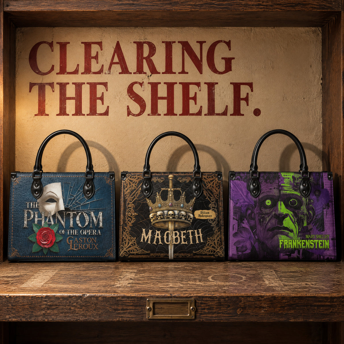Clearing the shelf: The Phantom of the Opera, Macbeth and Frankenstein leather handbags on an emptied bookcase shelf