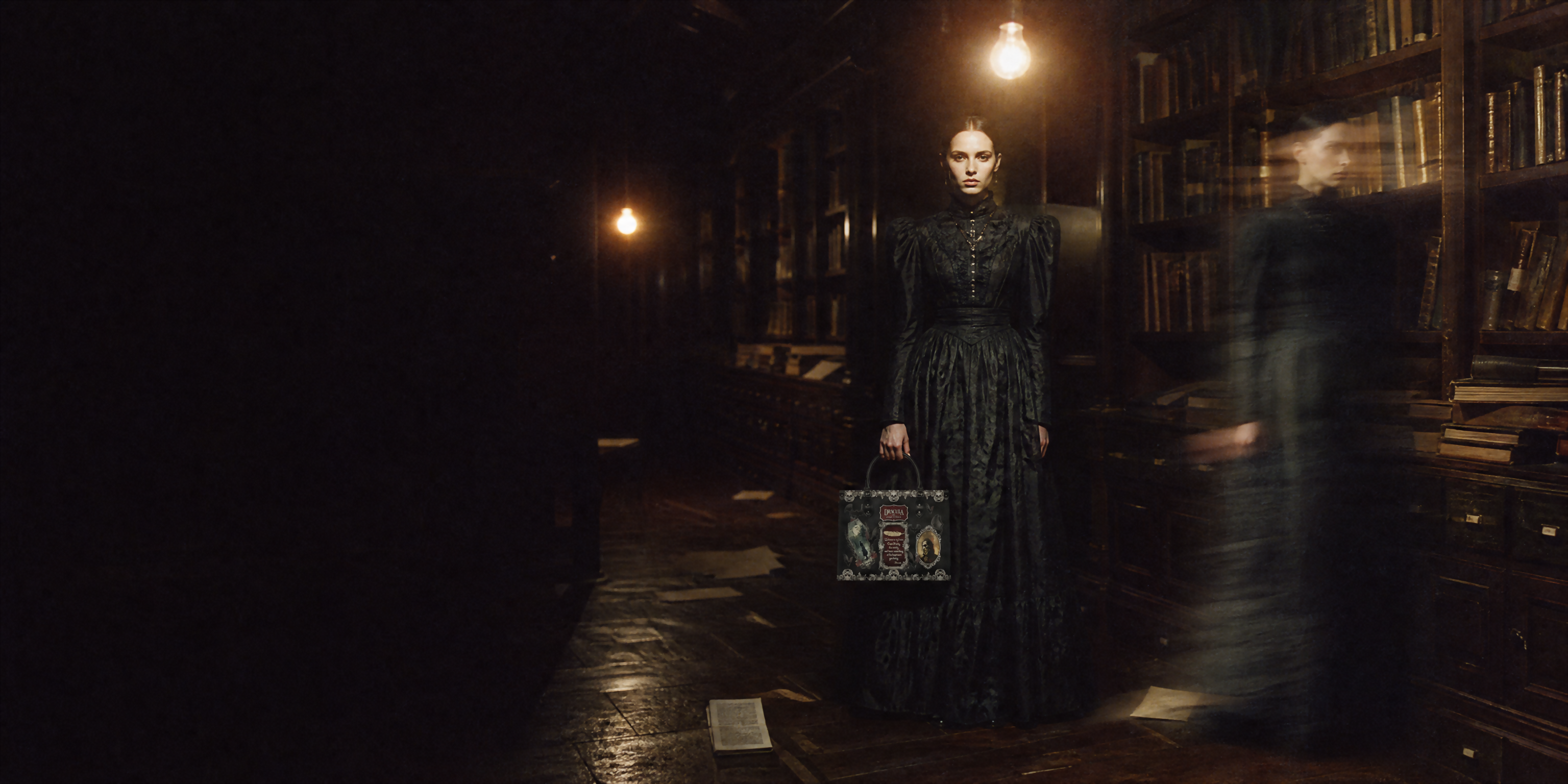 A model stands in a dark library holding the Dracula book-art handbag while her ghostly double walks away