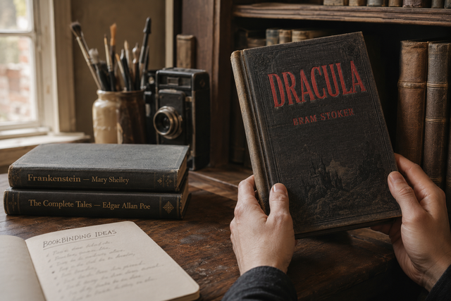 Choosing an antique Dracula volume from the shelf — How It's Made step 1