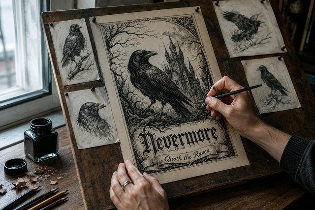 Inking the raven artwork at the drawing board — How It's Made step 2