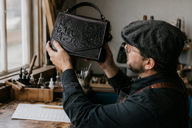Inspecting a finished bag by the workshop window