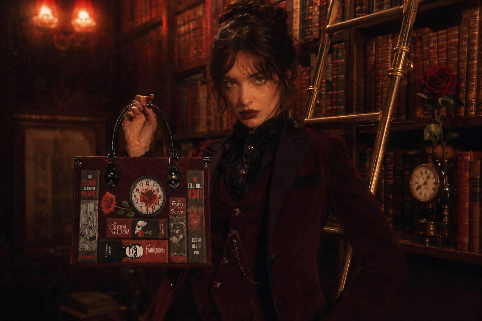 The Bookshelf — editorial photograph of book-art bags on a shelf
