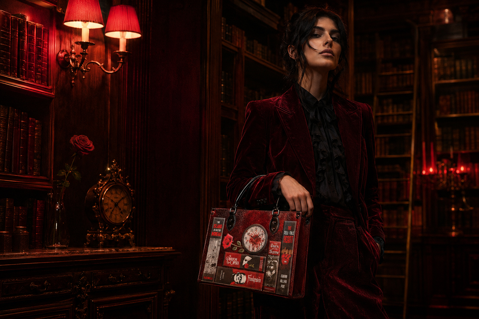 Crimson Codex handbag in a crimson private library - Shop by Story chapter 06