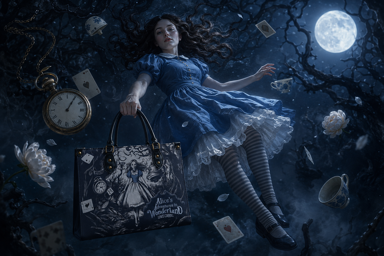 Alice tumbling through a midnight Wonderland forest holding the Wonderland handbag - Shop by Story chapter