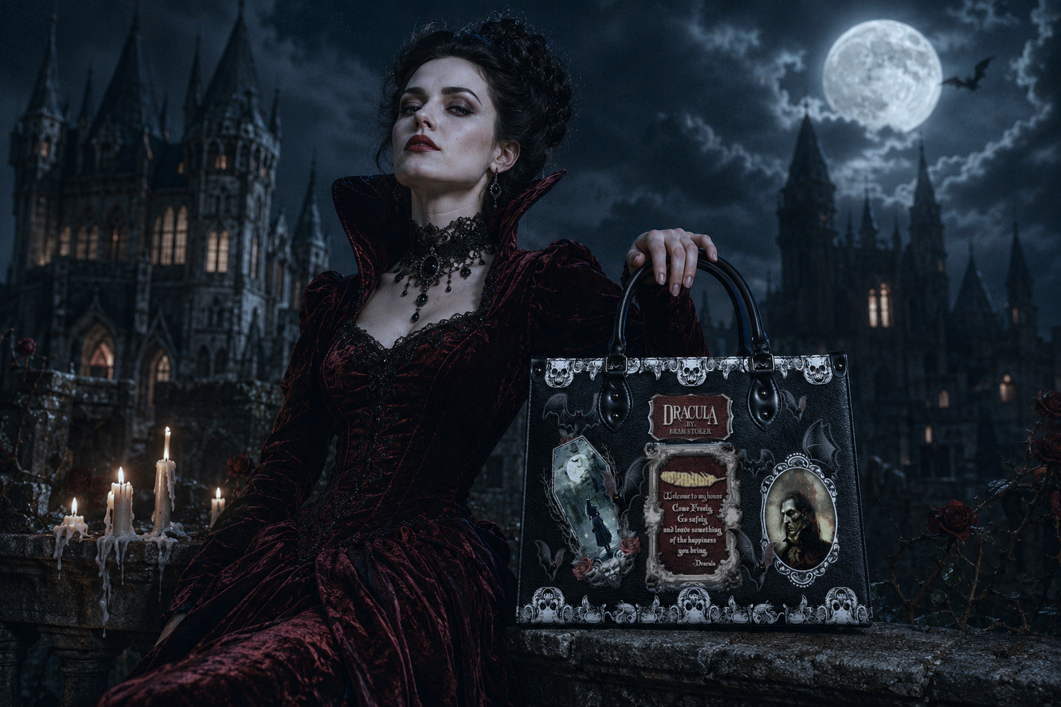 The Dracula handbag on a gothic castle balcony at night - Shop by Story chapter 02