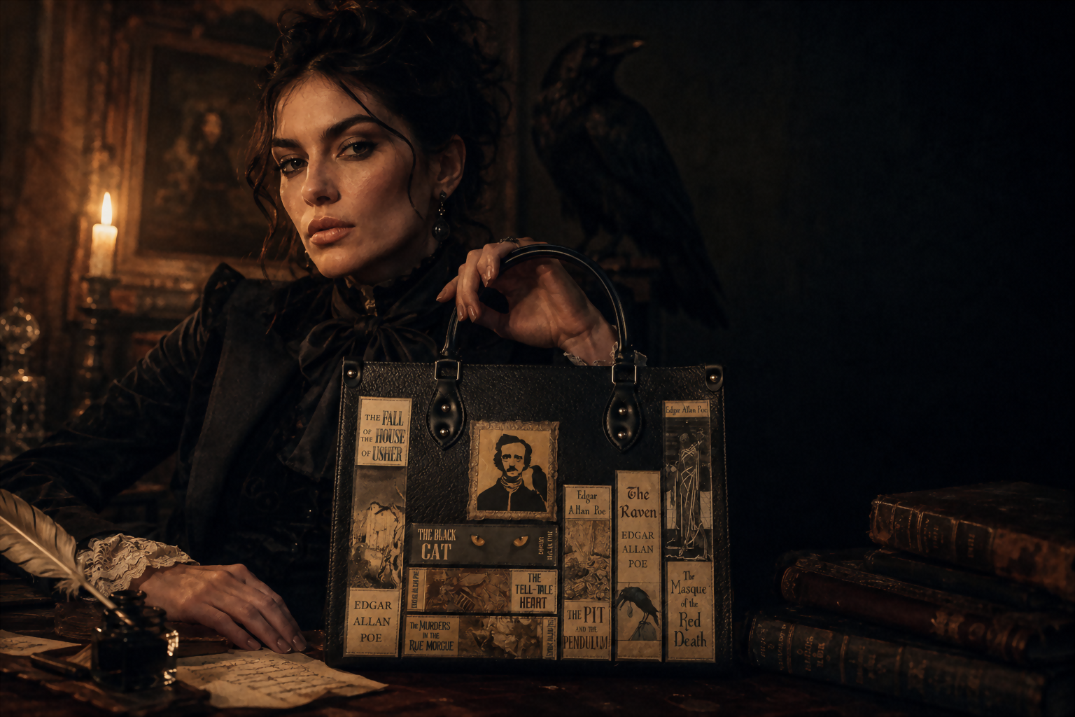 Poe's Library — editorial photograph with the Raven handbag