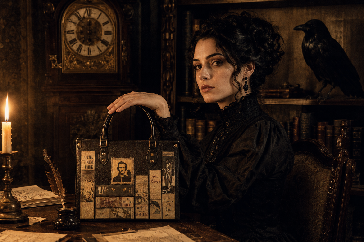 Poe's Library handbag on a Victorian writing desk with a raven — Shop by Story chapter 01