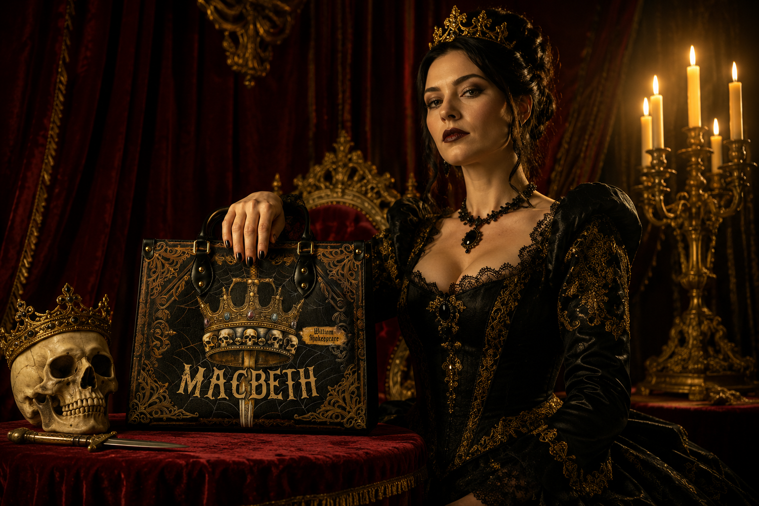 Macbeth handbag on a candlelit royal stage with crown and skull - Shop by Story chapter
