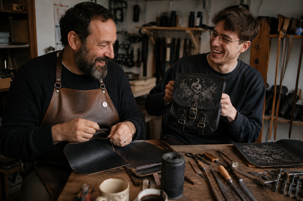 The binders sharing a joke at the stitching bench