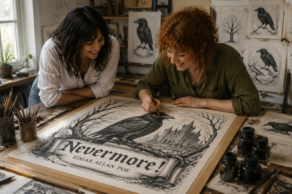 Two artists inking the Nevermore raven poster in the print studio