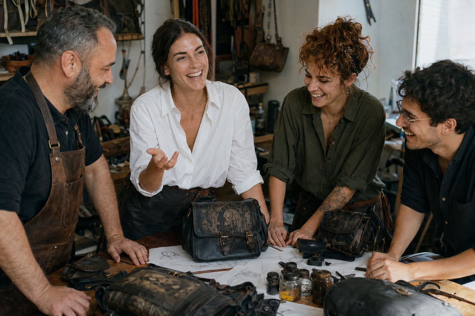 The Lettoria team laughing around the worktable