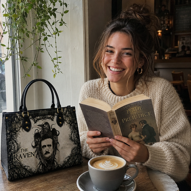Reader with The Raven handbag and Pride and Prejudice at a cafe window