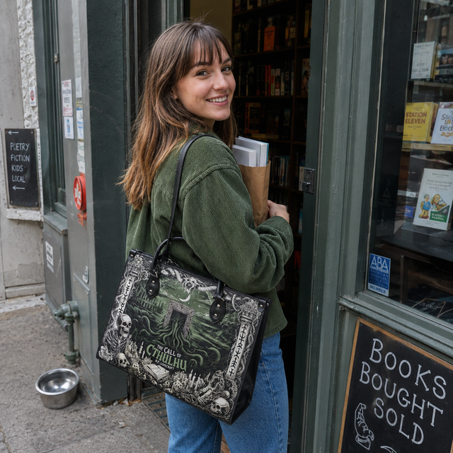 Reader with the Cthulhu tote in a bookstore