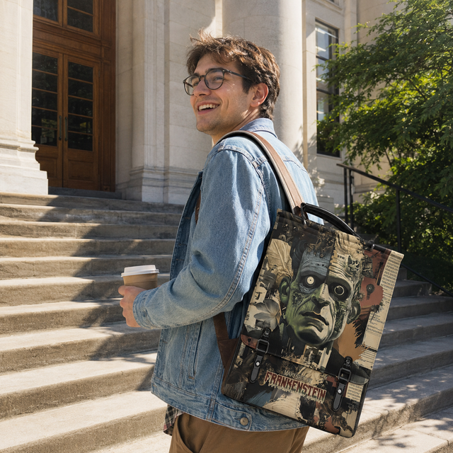 Reader with the Frankenstein backpack on campus