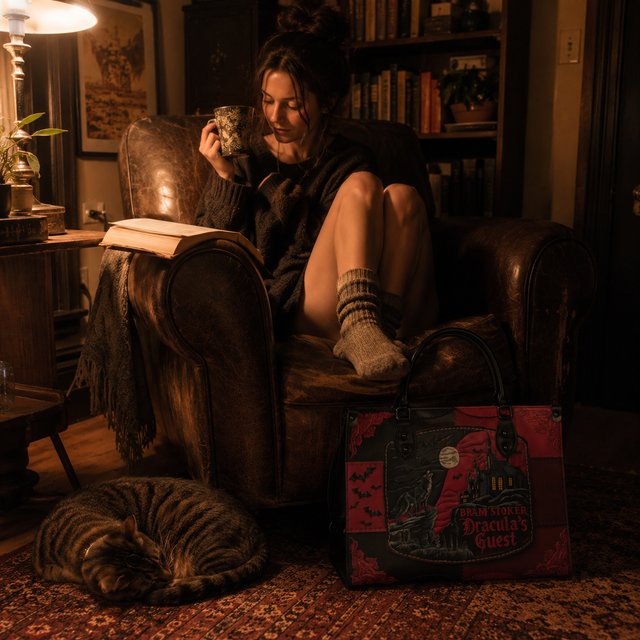 Reader with the Dracula handbag in a reading nook